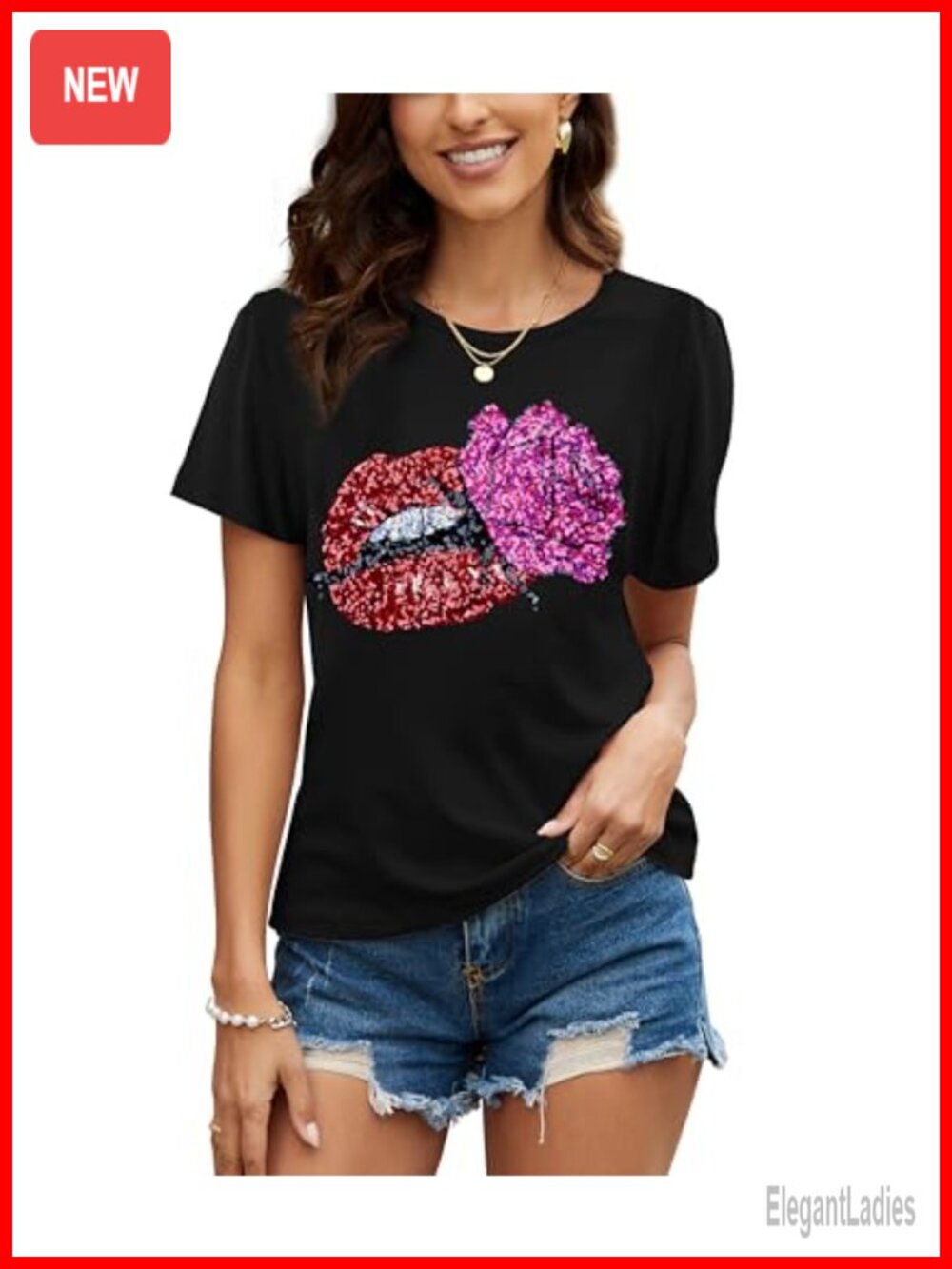 Womens Sequin Graphic T-Shirt Short Sleeve Crew Neck Loose Party Tee
